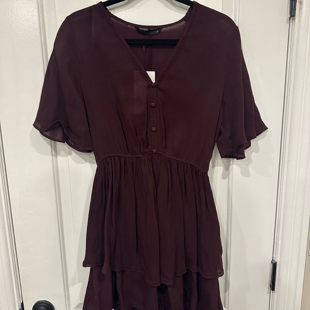 Zara Deep Burgundy Tiered V-Neck Dress